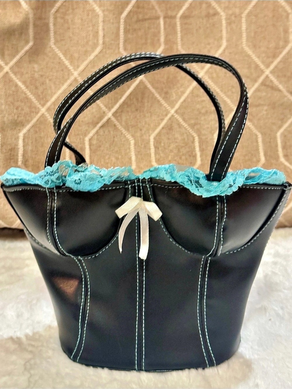 Black Corset Small Purse With Blue Lace Trim